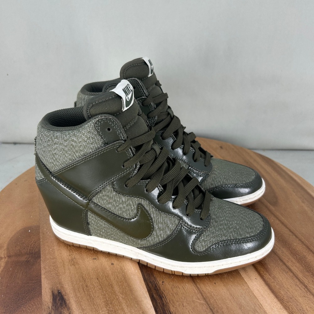 Nike Dunk Sky Hi Olive Green Textile Wedge Sneakers 644877-301 Womens Size 8